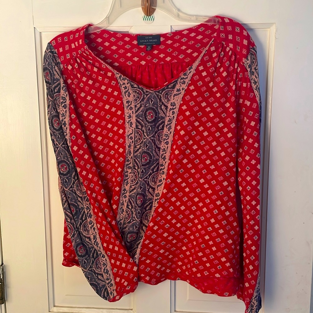 Lucky Brand Womens Top Medium Red Blue Long Sleeve Casual Boho
